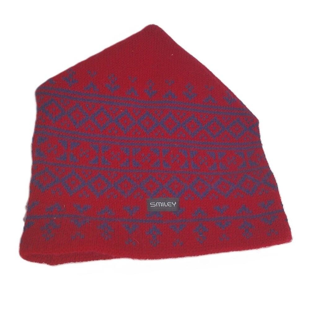 Vintage Smiley Red Knit Nordic Beanie Hat Purple Geometric One Size Winter Ski
